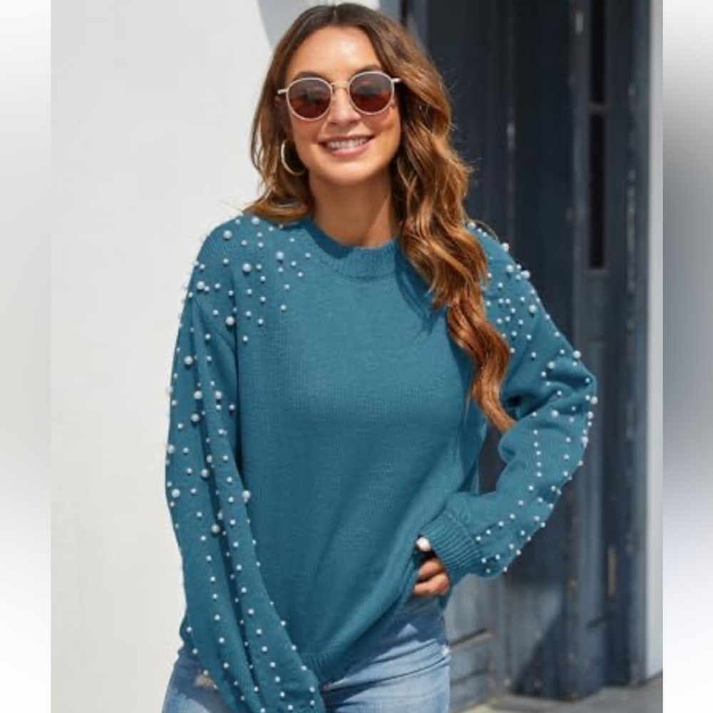 Women's Teal Pearl-Embellished Sweater